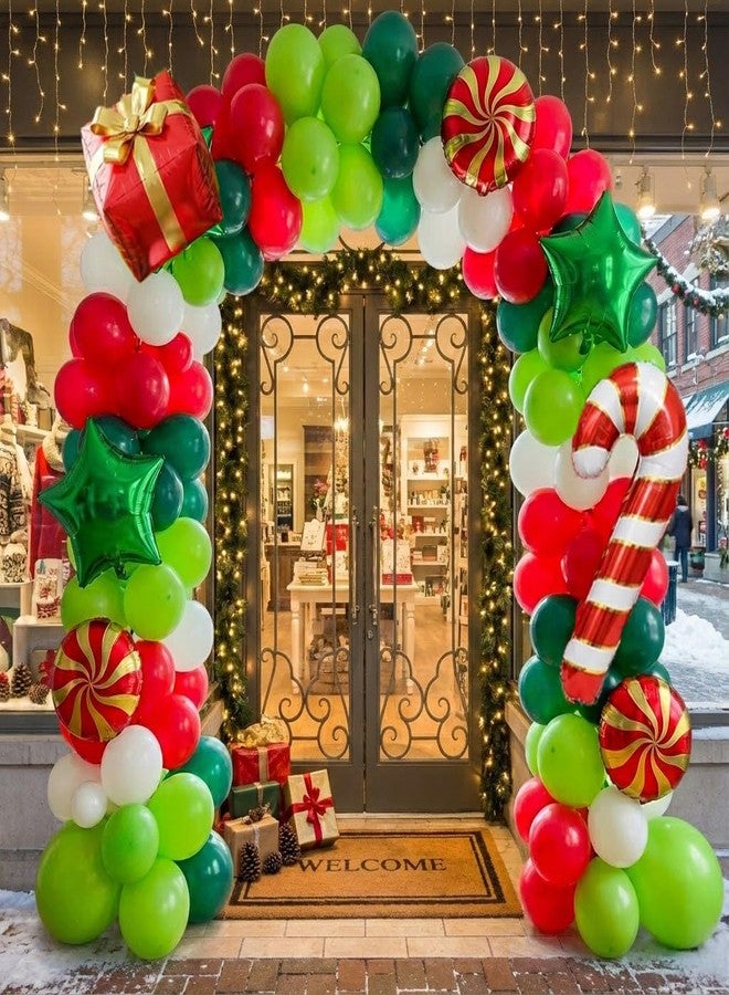 طقم قوس بالونات عيد الميلاد مكون من 137 قطعة - بالونات حمراء وبيضاء وخضراء، علبة هدايا كبيرة على شكل عصا حلوى، بالونات فويل على شكل نجمة، شريط ذهبي لتزيين حفلات عيد الميلاد - Image 2